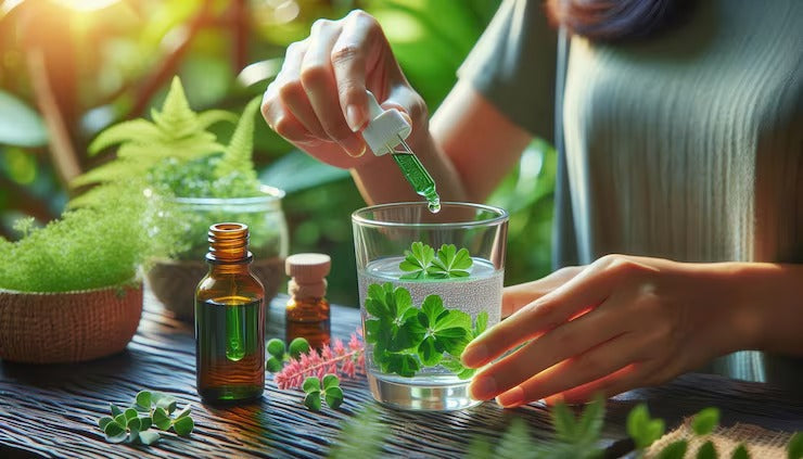 woman-adding-drop-herbal-extract-glass-water-with-leaves-surrounded-by-plants
